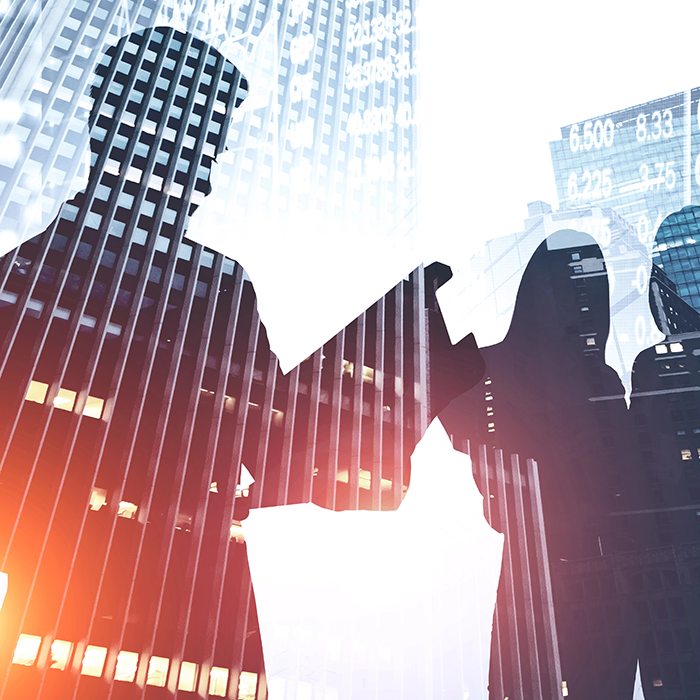 Representación digital de planificación patrimonial con profesionales y datos financieros frente a edificios